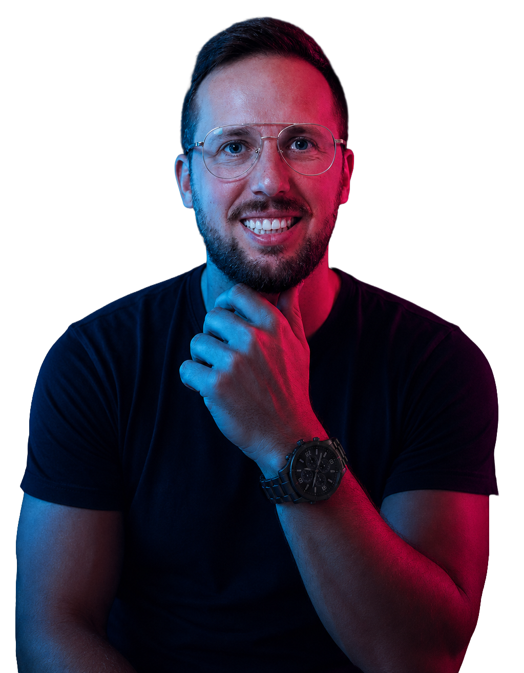 Retrato de Fábio Filipe Antunes com luz azul e vermelha